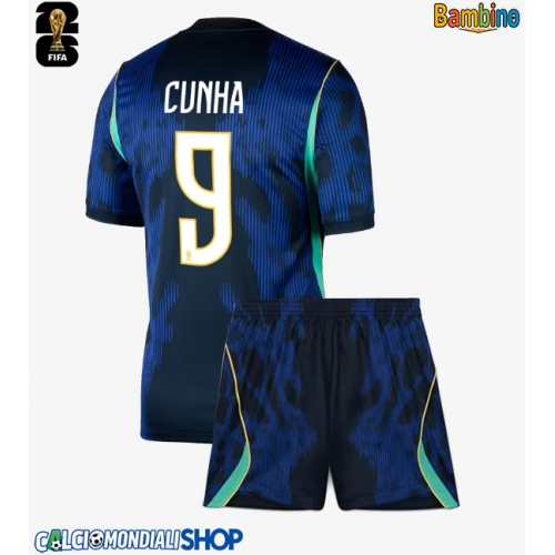 Maglie da calcio Brasile Matheus Cunha #9 Seconda Maglia Bambino Mondiali 2026  Manica Corta + Pantaloni corti)